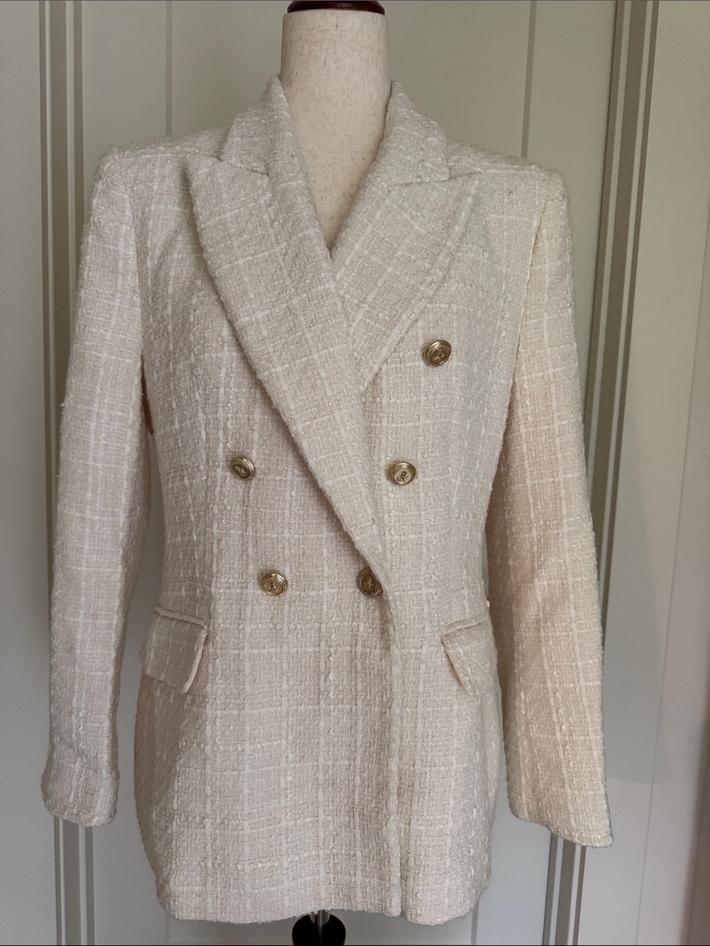 Zara Cream Double-Breasted Tweed Blazer